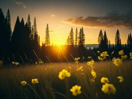 AI generated Glowing Fields of Winter Soft Focus Sunset Meadow with Yellow Flowers Nature's Embrace. A Symphony of Colors Warm Winter Sunset Meadow with Abstract Soft Focus Nature Harmony photo
