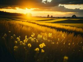 AI generated Glowing Fields of Winter Soft Focus Sunset Meadow with Yellow Flowers Nature's Embrace. A Symphony of Colors Warm Winter Sunset Meadow with Abstract Soft Focus Nature Harmony. photo