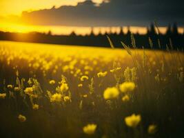 AI generated Abstract soft focus sunset field landscape of yellow flowers and grass meadow warm golden hour sunset sunrise time. Tranquil spring summer nature closeup and blurred forest background. photo