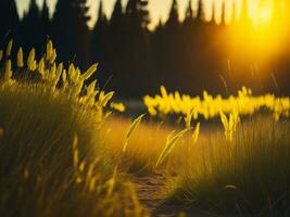 AI generated Glowing Fields of Winter Soft Focus Sunset Meadow with Yellow Flowers Nature's Embrace. A Symphony of Colors Warm Winter Sunset Meadow with Abstract Soft Focus Nature Harmony photo