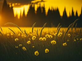 AI generated Abstract soft focus sunset field landscape of yellow flowers and grass meadow warm golden hour sunset sunrise time. Tranquil spring summer nature closeup and blurred forest background. photo