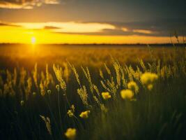 AI generated Abstract soft focus sunset field landscape of yellow flowers and grass meadow warm golden hour sunset sunrise time. Tranquil spring summer nature closeup and blurred forest background. photo