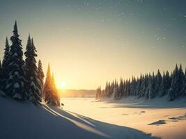 AI generated beautiful winter landscape with sunset in the snowy mountains, trees covered with snow photo