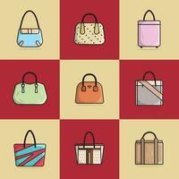 Collection of 9 Stylish Ladies Handbags for Fashion vector illustration. Beauty fashion objects icon concept. Set of elegant ladies fashion accessories vector design.