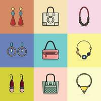 Collection of 9 Women Trendy Colorful Neck Necklaces, Purses and Earrings vector illustration. Beauty fashion object icon concept. Set of women fashion jewelry accessories vector design.