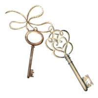 Watercolor two old keys on a string with a bow. Retro illustration template of vintage metal objects. Hand drawn isolated illustration for cards, printing on packaging and textiles, making stickers png