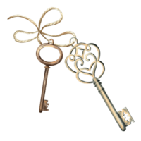 Watercolor two old keys on a string with a bow. Retro illustration template of vintage metal objects. Hand drawn isolated illustration for cards, printing on packaging and textiles, making stickers png