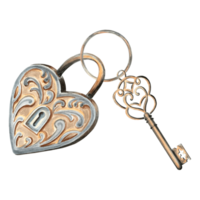 Watercolor old heartshaped padlock with key on ring. Template retro illustration of antique metal objects. Hand drawn isolated illustration for card, print packaging and textiles, making stickers png