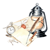 Old lantern, pocket watch, keys and writing instruments. Template watercolor composition retro. Isolated illustration of envelope and sheets paper with feather pen and wax seal Hand drawn for design png