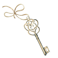 Watercolor old vintage key with a rope and bow. Template illustration of antique metal object. Hand drawn isolated illustration for invitation and cards, printing on packaging and textiles, stickers png