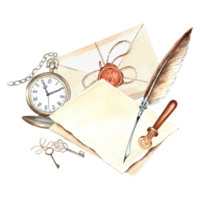 Old pocket watch, keys, letter with writing instruments. Template watercolor composition retro. Isolated illustration of envelope and sheets paper with feather pen and wax seal Hand drawn for design png