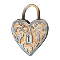 Watercolor old heartshaped padlock. Template retro illustration of antique metal lock. Hand drawn isolated illustration for invitation and card, printing on packaging and textiles, making stickers png