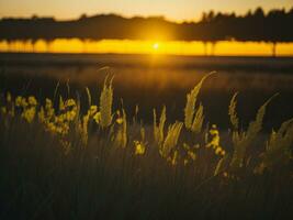 AI generated Glowing Fields of Winter Soft Focus Sunset Meadow with Yellow Flowers Nature's Embrace. A Symphony of Colors Warm Winter Sunset Meadow with Abstract Soft Focus Nature Harmony. photo