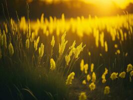 AI generated Abstract soft focus sunset field landscape of yellow flowers and grass meadow warm golden hour sunset sunrise time. Tranquil spring summer nature closeup and blurred forest background. photo