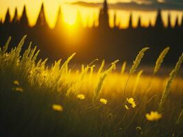 AI generated Abstract soft focus sunset field landscape of yellow flowers and grass meadow warm golden hour sunset sunrise time. Tranquil spring summer nature closeup and blurred forest background. photo