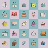 Collection of 50 Girls Fashion Party Purses vector illustration. Beauty fashion objects icon concept. Set of elegant ladies bright leather bag vector design on colorful background.