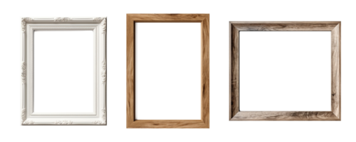 AI generated Set of empty natural wooden photo frames on transparent background. Realistic border wooden rectangular picture frame for design, Image display concept png