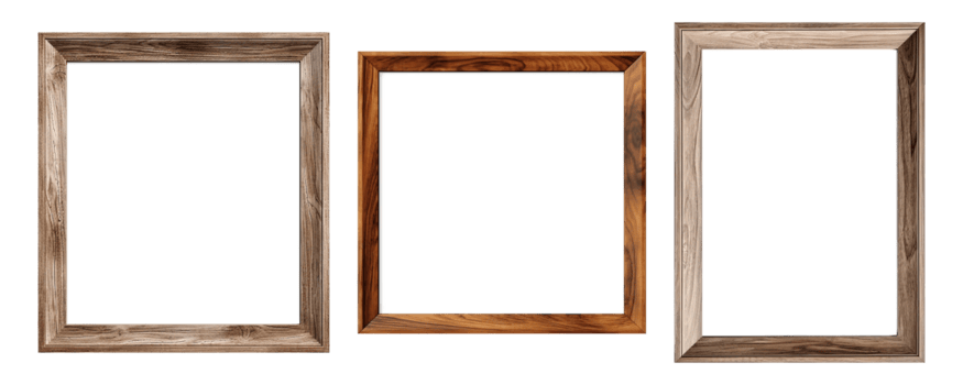 AI generated Set of empty natural wooden photo frames on transparent background. Realistic border wooden rectangular picture frame for design, Image display concept png