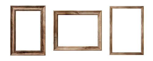 AI generated Set of empty natural wooden photo frames on transparent background. Realistic border wooden rectangular picture frame for design, Image display concept png