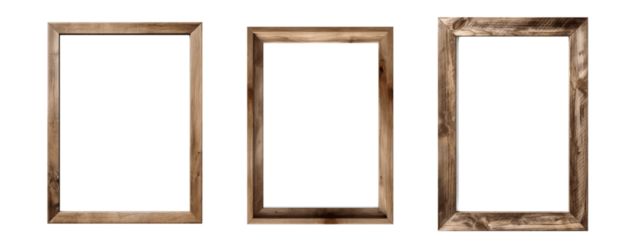 AI generated Set of empty natural wooden photo frames on transparent background. Realistic border wooden rectangular picture frame for design, Image display concept png