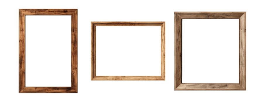 AI generated Set of empty natural wooden photo frames on transparent background. Realistic border wooden rectangular picture frame for design, Image display concept png