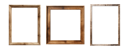 AI generated Set of empty natural wooden photo frames on transparent background. Realistic border wooden rectangular picture frame for design, Image display concept png