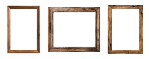 AI generated Set of empty natural wooden photo frames on transparent background. Realistic border wooden rectangular picture frame for design, Image display concept png