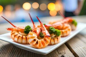 AI generated grilled shrimp on a white plate with a blurry background. AI-Generated photo