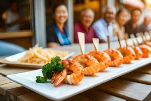AI generated a group of people sitting around a table with shrimp on skewers. AI-Generated photo
