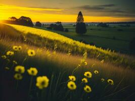 ai generado resumen suave atención puesta de sol campo paisaje de amarillo flores y césped prado calentar dorado hora puesta de sol amanecer tiempo. tranquilo primavera verano naturaleza de cerca y borroso bosque antecedentes. foto