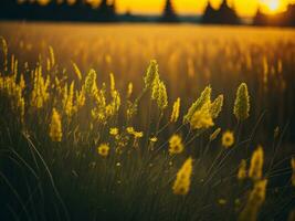 AI generated Abstract soft focus sunset field landscape of yellow flowers and grass meadow warm golden hour sunset sunrise time. Tranquil spring summer nature closeup and blurred forest background. photo