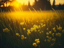 AI generated Abstract soft focus sunset field landscape of yellow flowers and grass meadow warm golden hour sunset sunrise time. Tranquil spring summer nature closeup and blurred forest background. photo