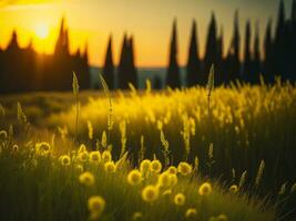 AI generated Abstract soft focus sunset field landscape of yellow flowers and grass meadow warm golden hour sunset sunrise time. Tranquil spring summer nature closeup and blurred forest background. photo