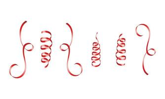 Vector red curled ribbons serpentine realistic set