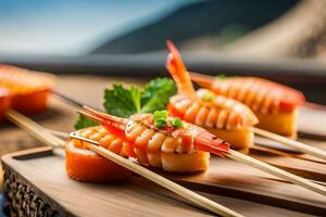 AI generated a wooden tray with shrimp and vegetables on it. AI-Generated photo