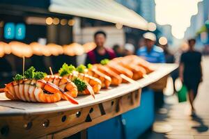 AI generated a line of shrimp on a wooden board in front of people. AI-Generated photo