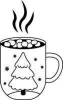 Navidad ilustración de un taza de caliente chocolate. un dibujado a mano Navidad bosquejo. festivo cacao con crema, un taza de caliente chocolate o invierno café. vector ilustración. colorante libro.