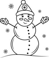 linda sonriente monigote de nieve en un sombrero en su cabeza y un bufanda, destacado en un blanco fondo.vector negro y blanco ilustración. Perfecto para fiesta y Navidad diseños colorante de un linda dibujos animados sno vector