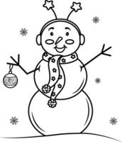 Cute smiling snowman in a headband and scarf, highlighted on a white background.Vector black and white illustration.  Perfect for holiday and Christmas designs. Coloring of a cute cartoon snowman. vector