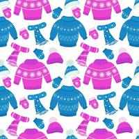 Vector pattern with winter clothes. Children's warm winter clothes for walking. Knitted hat, scarf, sweater and gloves with jacquard pattern and pom poms. Vector set of pink color.