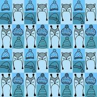 A pattern of hats. A collection of hand-drawn various warm hats to wear in winter or autumn on a blue background. Illustration of the design of children's hats vector