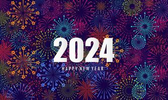 saludo tarjeta con inscripción contento nuevo año 2024 en Fuegos artificiales antecedentes vector diseño