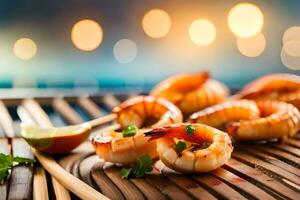 AI generated grilled shrimp on bamboo with lime and chopsticks. AI-Generated photo