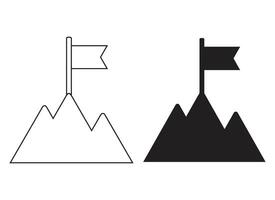 aislado en un blanco, estilo lineal pictograma, contorno vector firmar, y bandera en parte superior de un montaña. un logro icono es un gráfico representación de un logo. modificable ataque. vector diseño con píxel