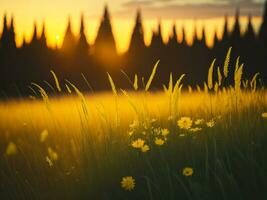 ai generado resumen suave atención puesta de sol campo paisaje de amarillo flores y césped prado calentar dorado hora puesta de sol amanecer tiempo. tranquilo primavera verano naturaleza de cerca y borroso bosque antecedentes. foto