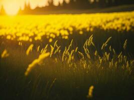 ai generado resumen suave atención puesta de sol campo paisaje de amarillo flores y césped prado calentar dorado hora puesta de sol amanecer tiempo. tranquilo primavera verano naturaleza de cerca y borroso bosque antecedentes. foto