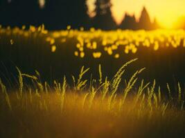 AI generated Abstract soft focus sunset field landscape of yellow flowers and grass meadow warm golden hour sunset sunrise time. Tranquil spring summer nature closeup and blurred forest background. photo