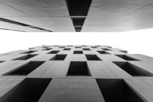 Low angle view of futuristic architecture, building , looks artistic, black and white photo