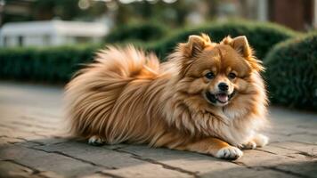 AI generated Pomeranian Spitz dog cute lovely pose smiling fluffy Pomerania spitz with rounded face, very happy AI Generative photo