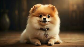 AI generated Pomeranian Spitz dog cute lovely pose smiling fluffy Pomerania spitz with rounded face, very happy AI Generative photo